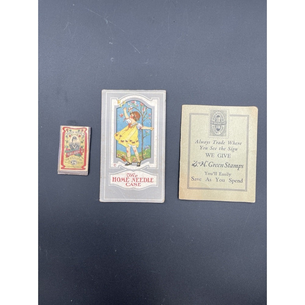 Antique Needle Book Lot Home Needle Case Gold‎ Eye Sharps Green Stamps